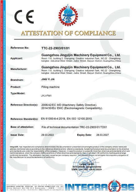 China Guangzhou Jingyijin Machinery Equipment Co., Ltd zertifizierungen